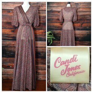 Candi Jones Vintage 1970s Maxi Dress Sheer Belted Peasant Prairie Full Floral